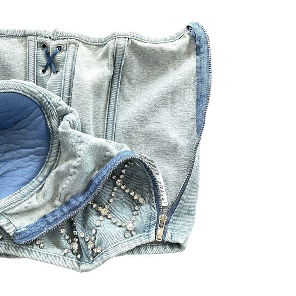 Y2k Western Rhinestone Lace Up Denim Corset Rock Womens M/L Rodeo Cowgirl Party - Picture 8 of 9